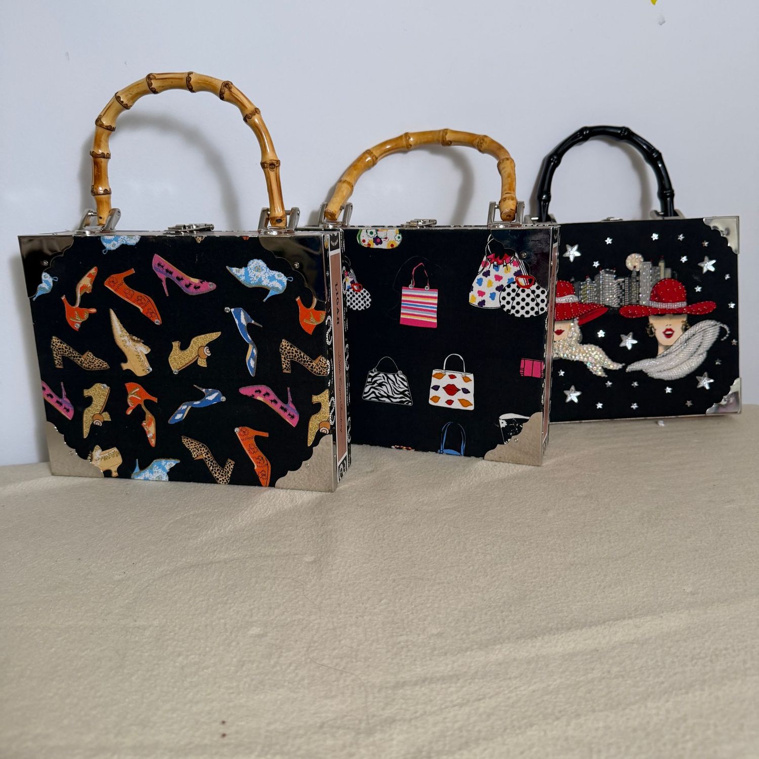 Fashion cigar box purses, lined, set of 3