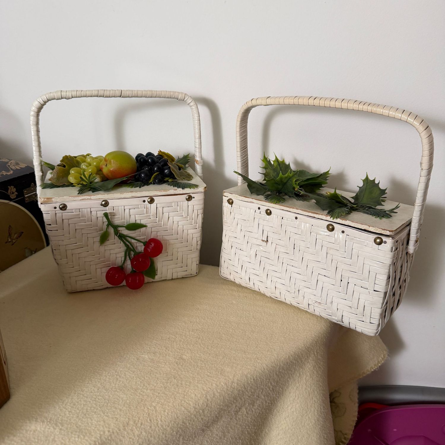 Pair of vintage wicker box purses, some wear, some decorations to both, British Hong Kong, 7'W , 5 Pair of vintage wicker box purses, some wear, some decorations to both, British Hong Kong, 7'W , 5"H