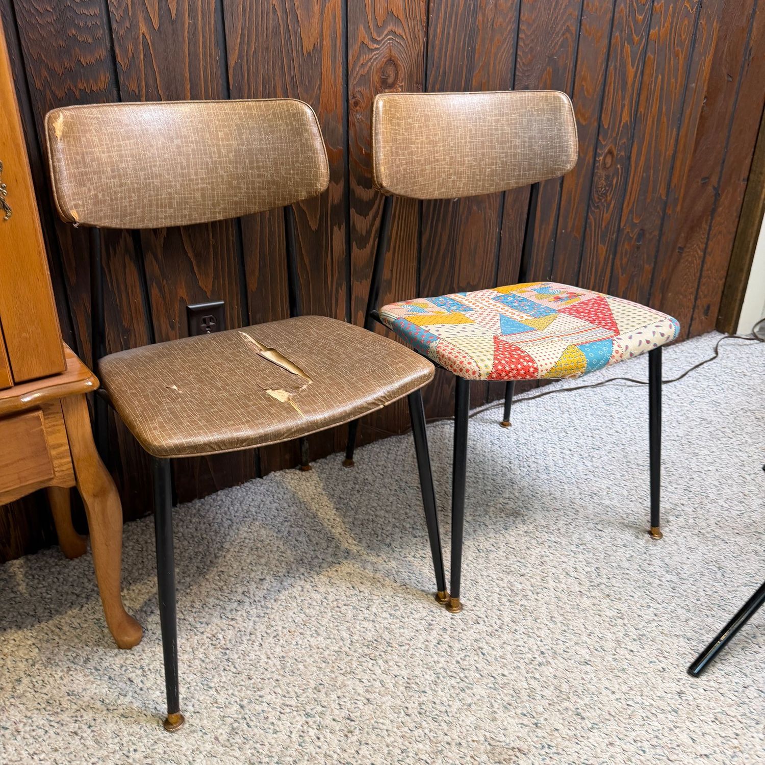 Pair of Daystrom side chairs, sturdy, vinyl has been covered or needs repair, 28 Pair of Daystrom side chairs, sturdy, vinyl has been covered or needs repair, 28"H x 15"W