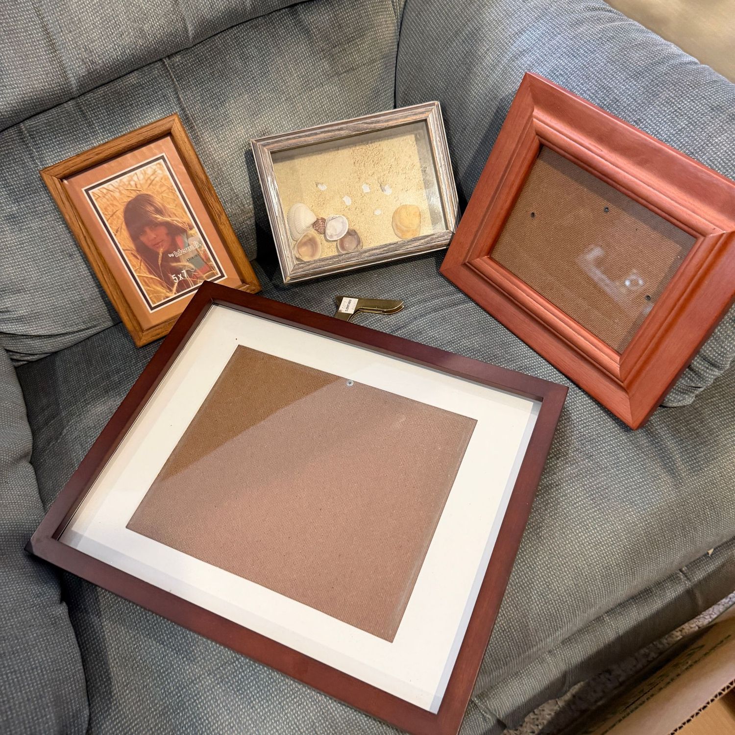Group of frames, sand art shadow box, largest frame fits 8x10