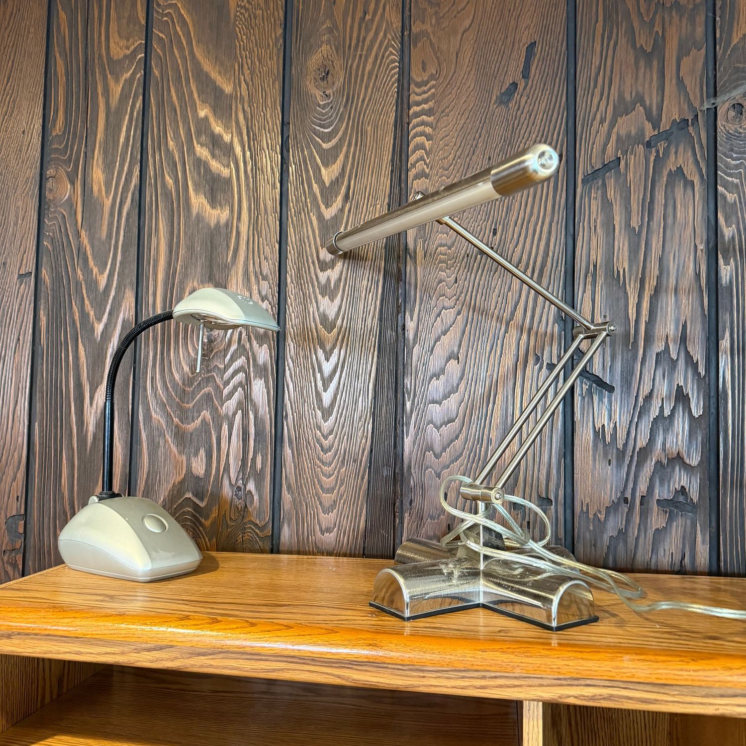 Two plastic desk, task lamps, the largest is 17"W