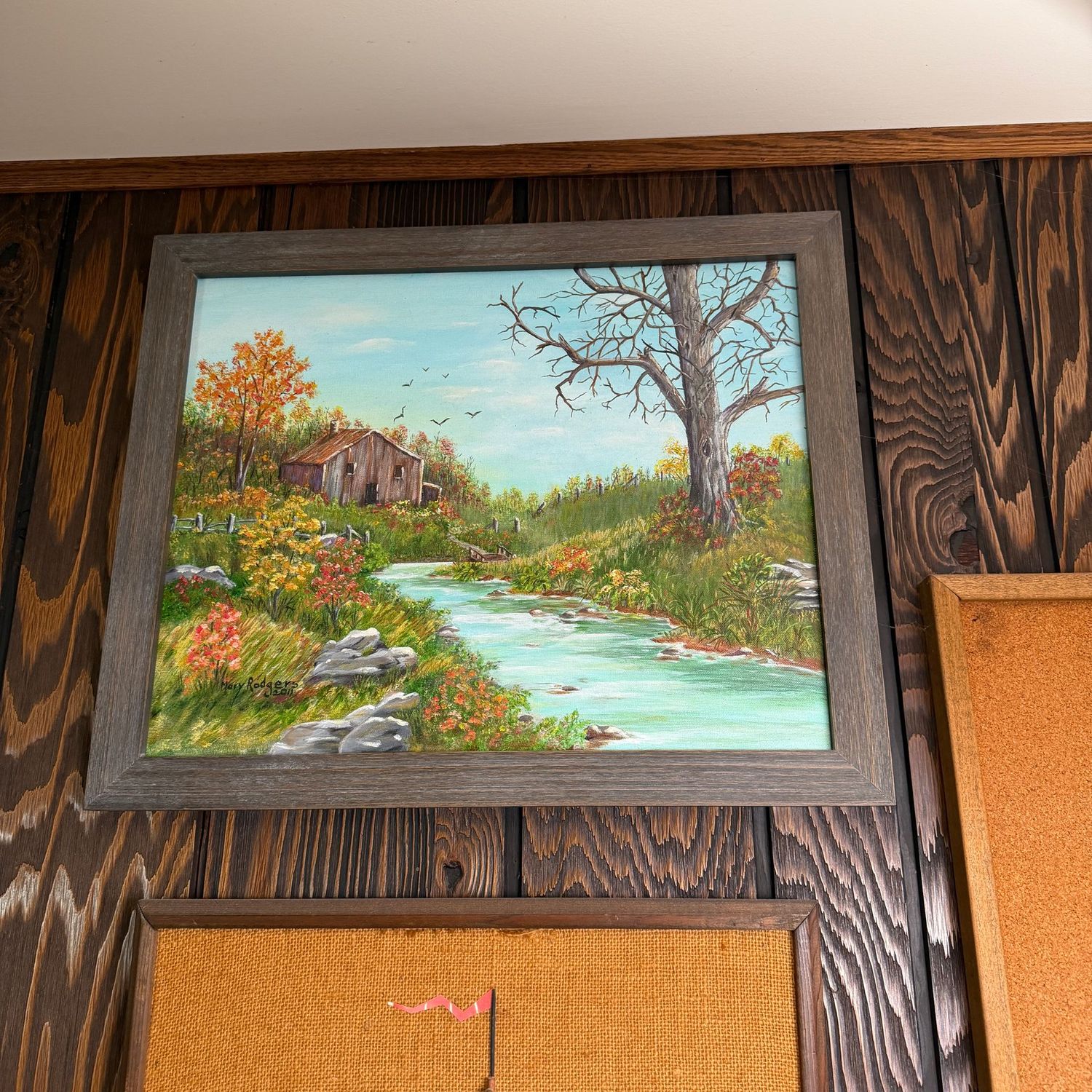 Original farm landscape on canvas board by Mary Rogers, 18" x 22"