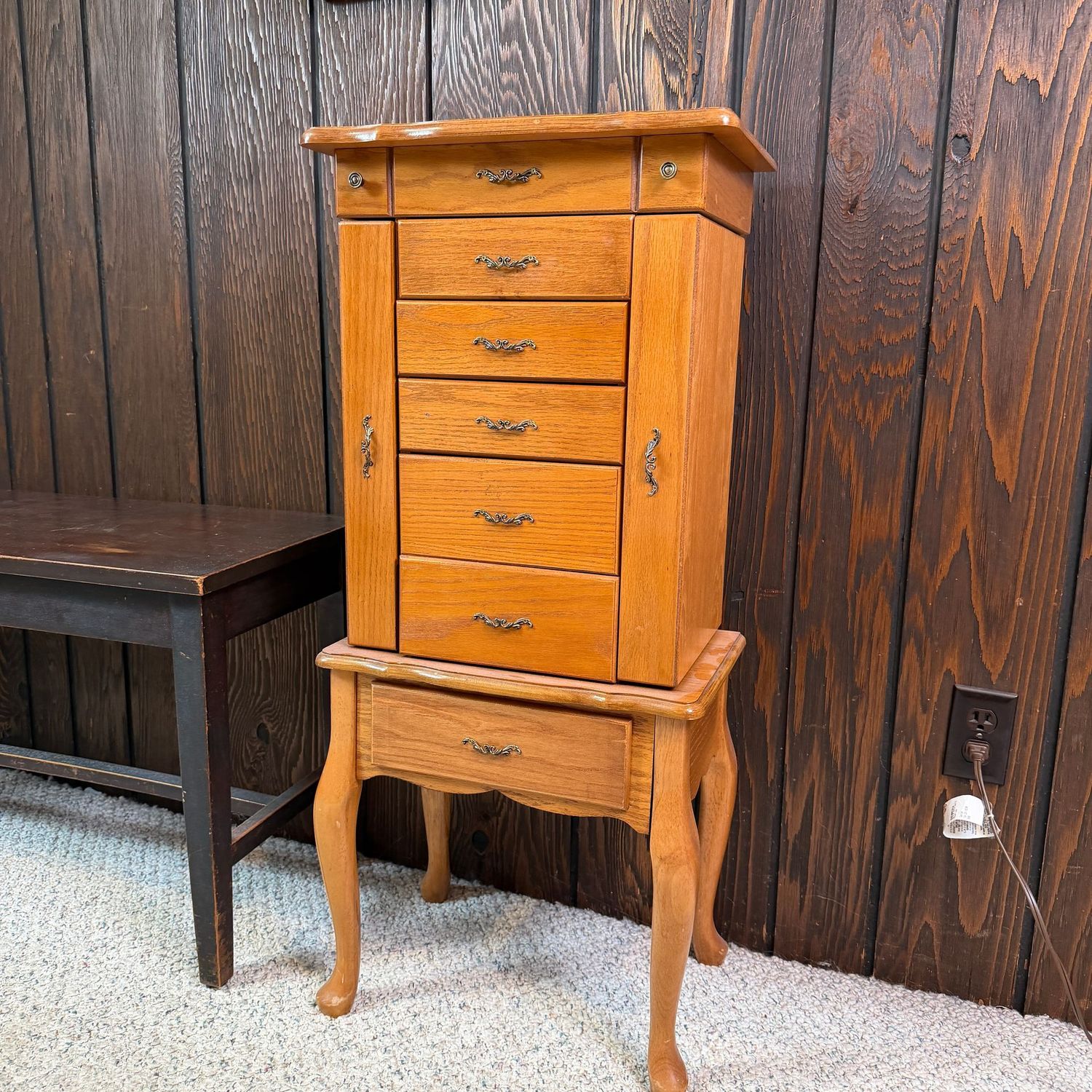 Jewelry armoire, oak finish, nice condition overall, minor wear, 40 Jewelry armoire, oak finish, nice condition overall, minor wear, 40"H x 17"W x 12"D