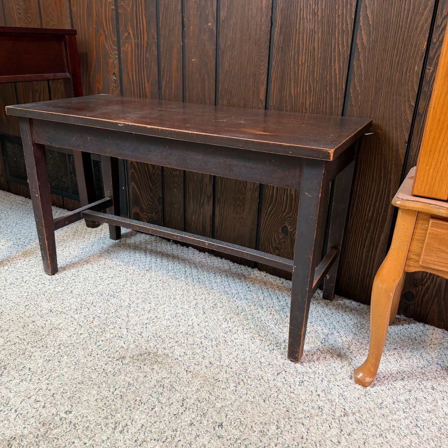 Sturdy mahogany piano bench with music inside, 35"L
