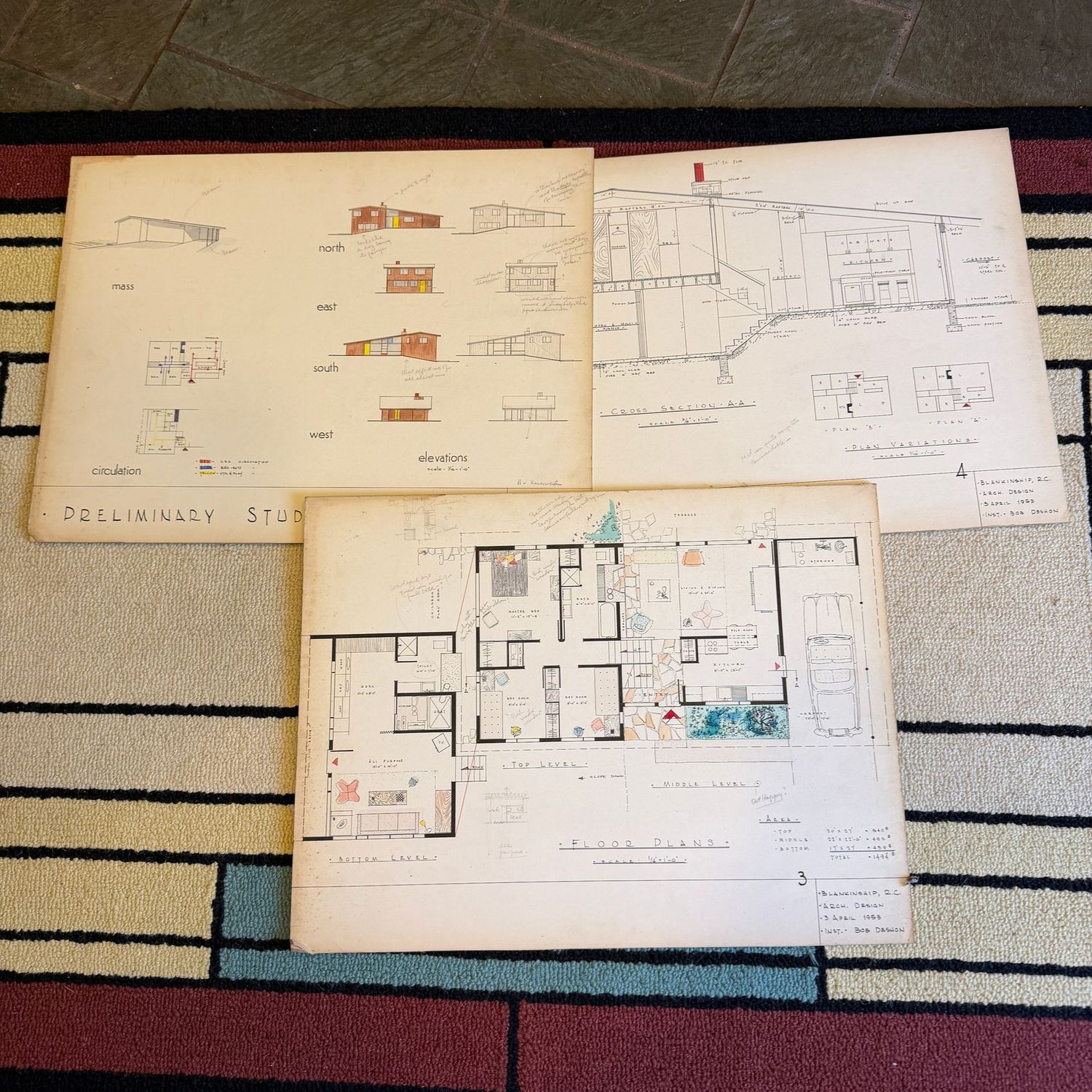 Large vintage architectural drawings on thick paper board, great for display, 20" x 15"