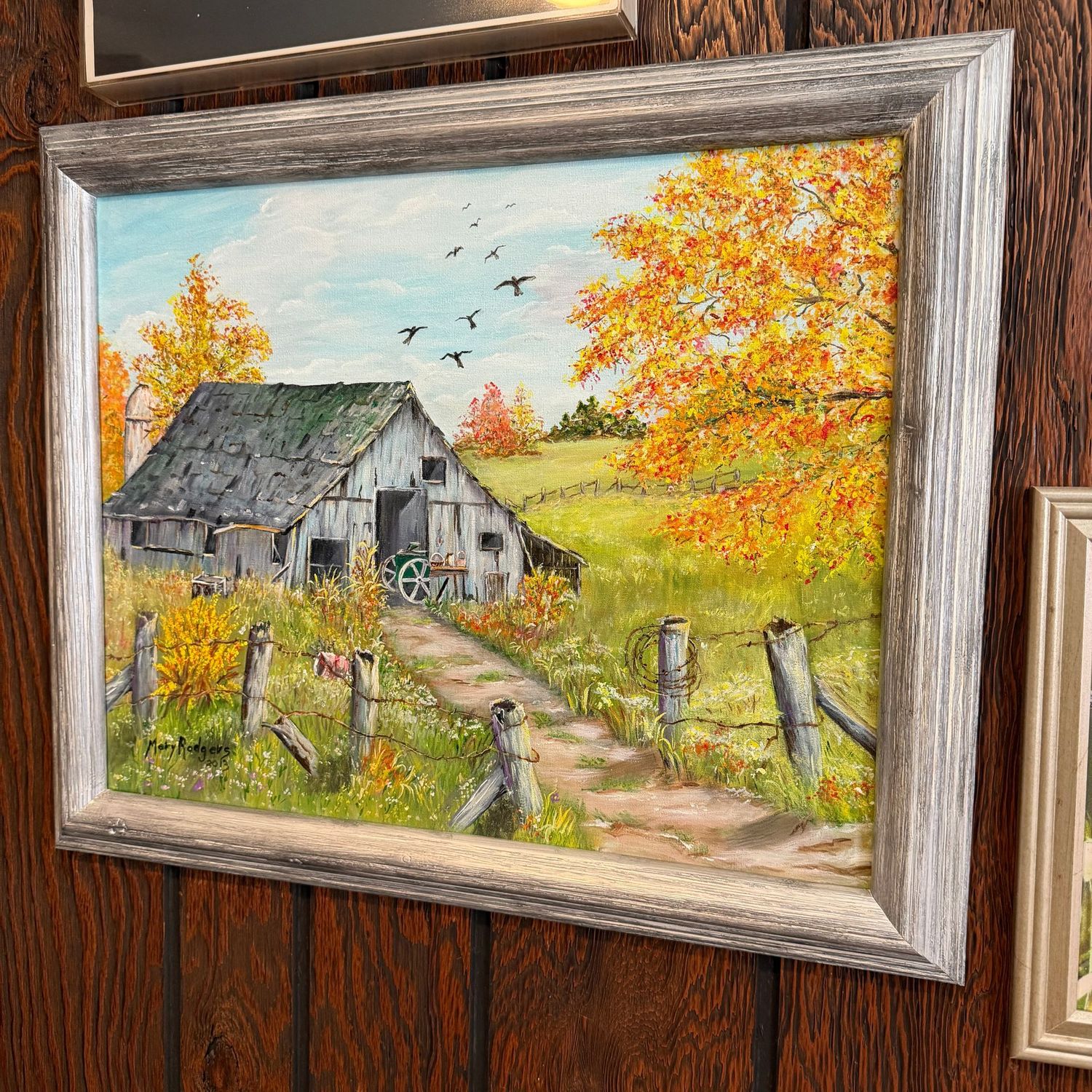 Fall farm landscape with birds, Mary Rogers, 19" x 23"