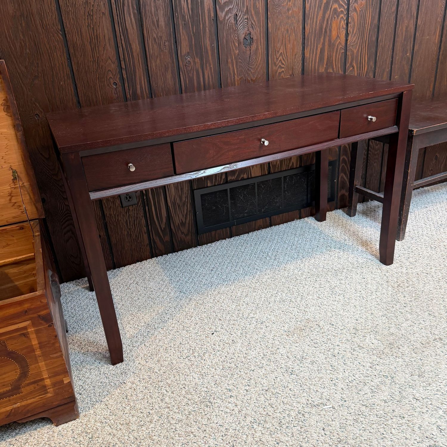 Wooden writing desk, very sturdy, two drawers, central drawer with drop-down keyboard area, nice condition, 21 Wooden writing desk, very sturdy, two drawers, central drawer with drop-down keyboard area, nice condition, 21"D x 46"W