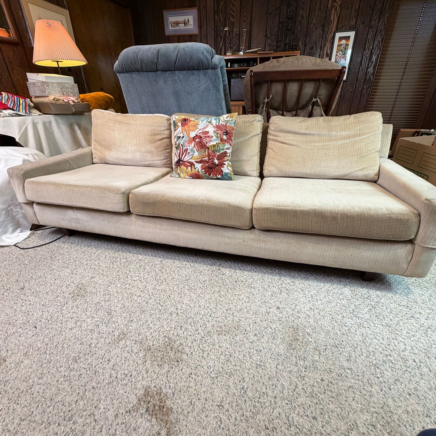 Soft 7 ft. long, cream sofa, very sturdy, vintage-style, needs a full surface cleaning, 28 Soft 7 ft. long, cream sofa, very sturdy, vintage-style, needs a full surface cleaning, 28"H x 34"D x 84"L