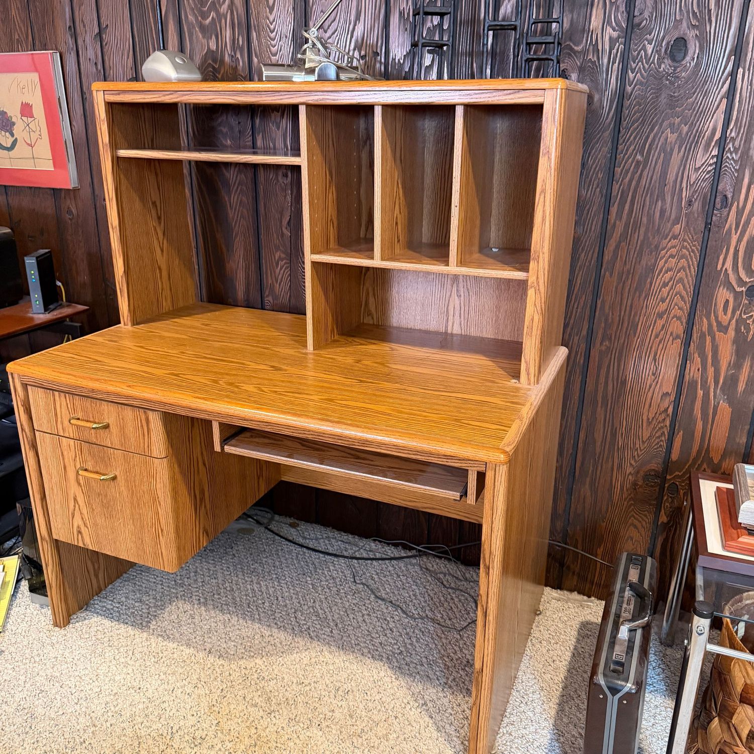 Wood and laminate desk with hutch, nice condition, 26 Wood and laminate desk with hutch, nice condition, 26"D x 46"W x 58"H