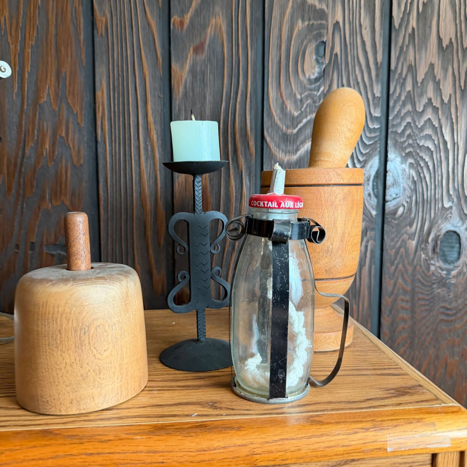 Rustic candle holder, pestle, press