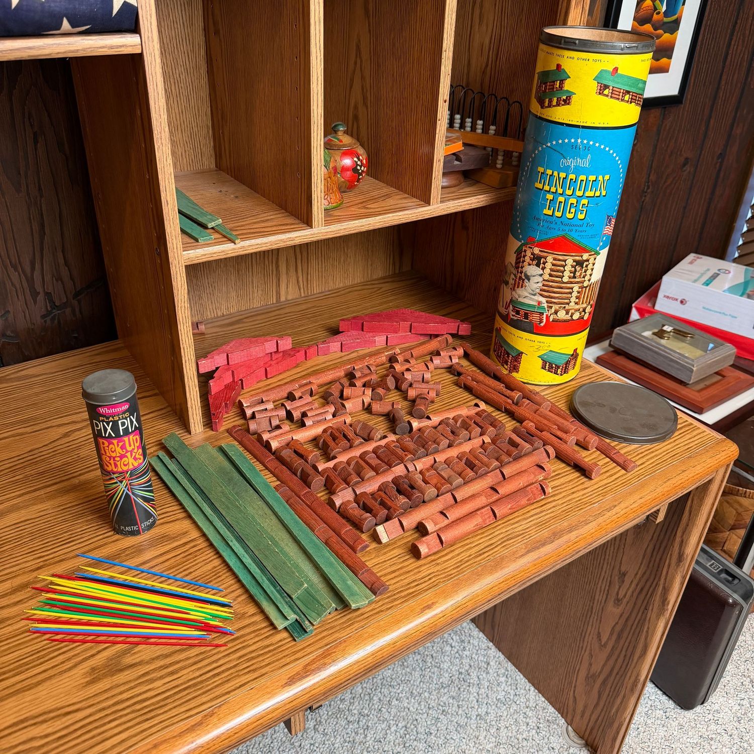 Vintage Pick Up Sticks and Lincoln Logs with pieces seen