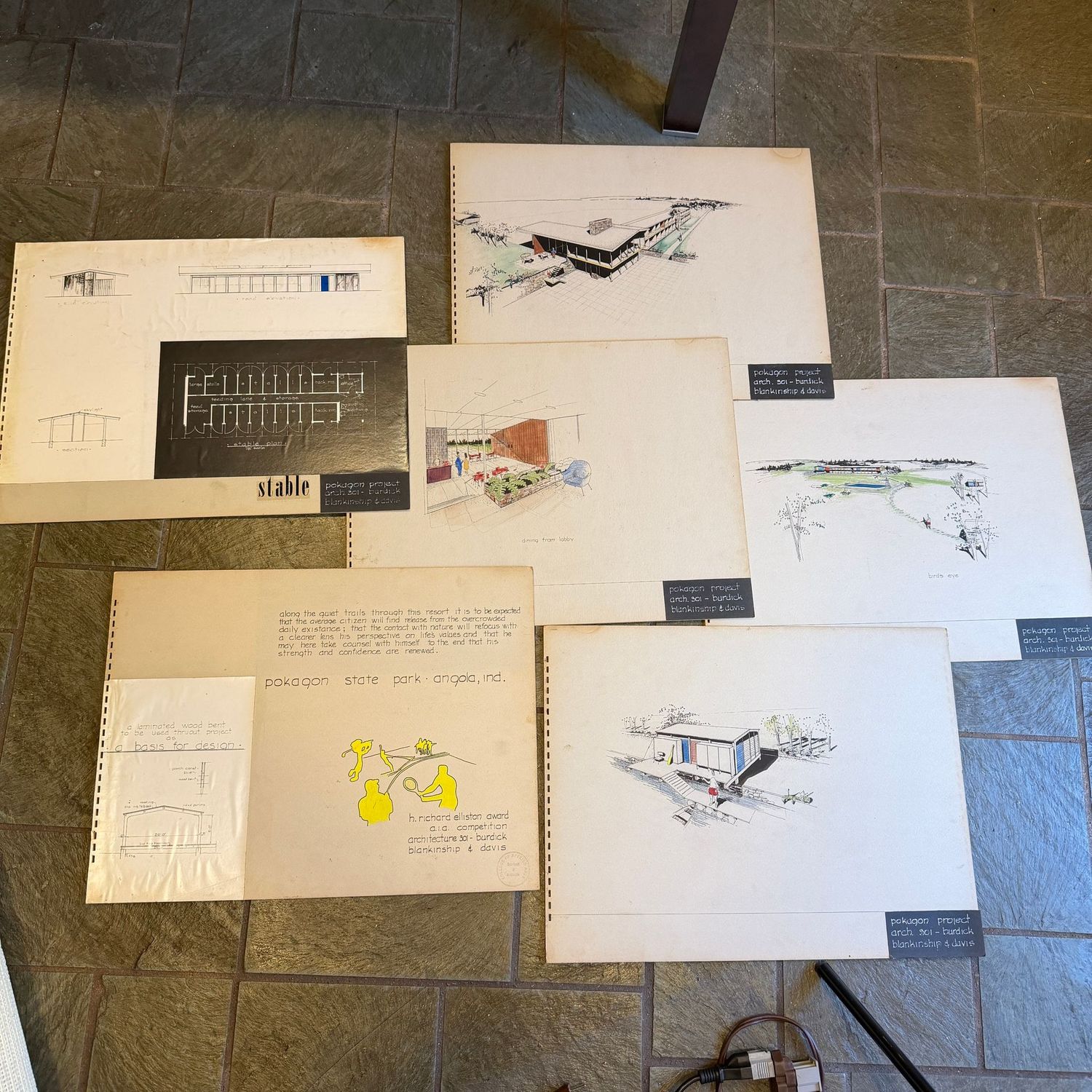 Architectural display boards (6 in total) by local architect, 6 large pieces for Pokagon State Park, Indiana, 14 Architectural display boards (6 in total) by local architect, 6 large pieces for Pokagon State Park, Indiana, 14" x 18", hand-colored