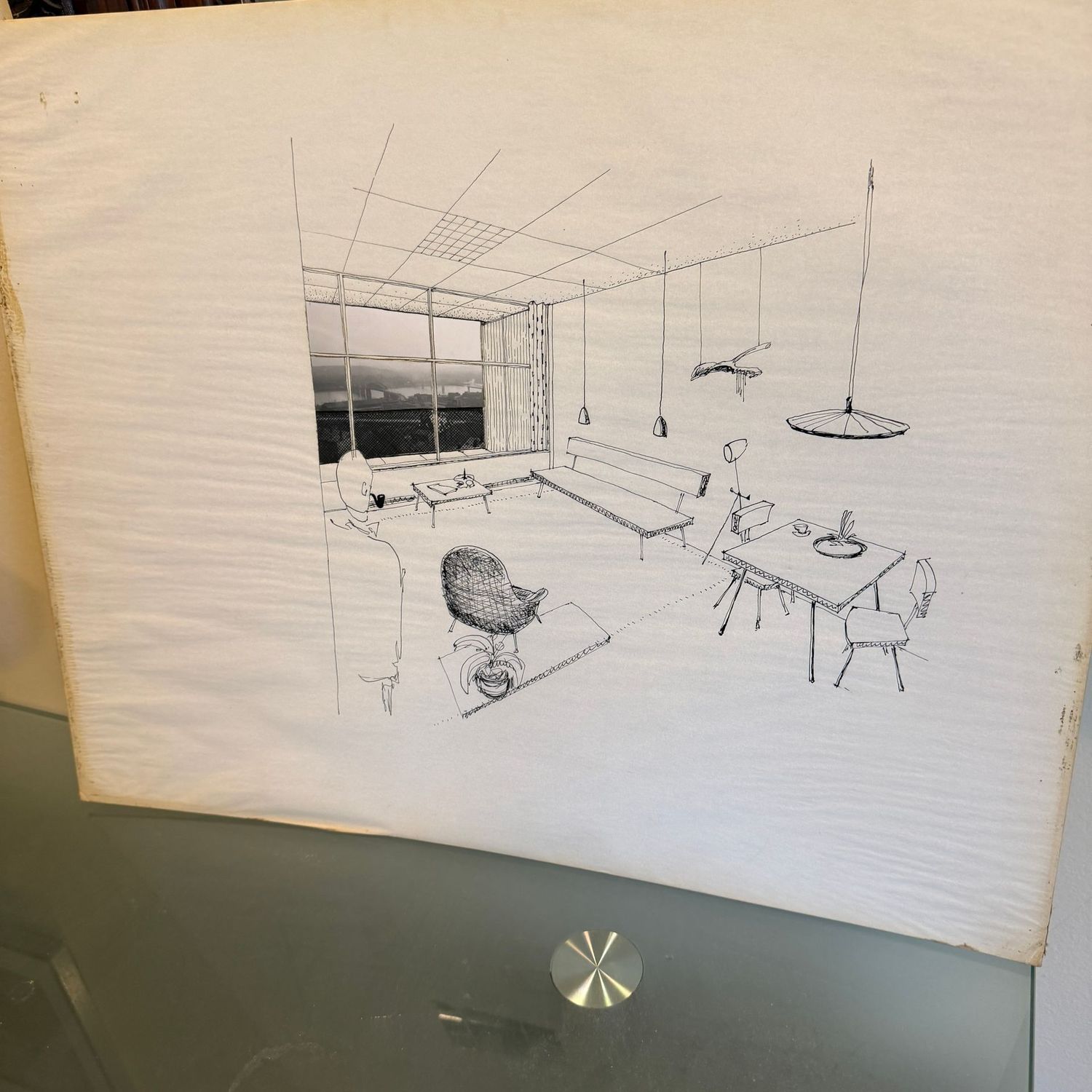 Large original architectural drawing by Blankenship, Charleston skyline photos attached to windows, 16 Large original architectural drawing by Blankenship, Charleston skyline photos attached to windows, 16" x 20"