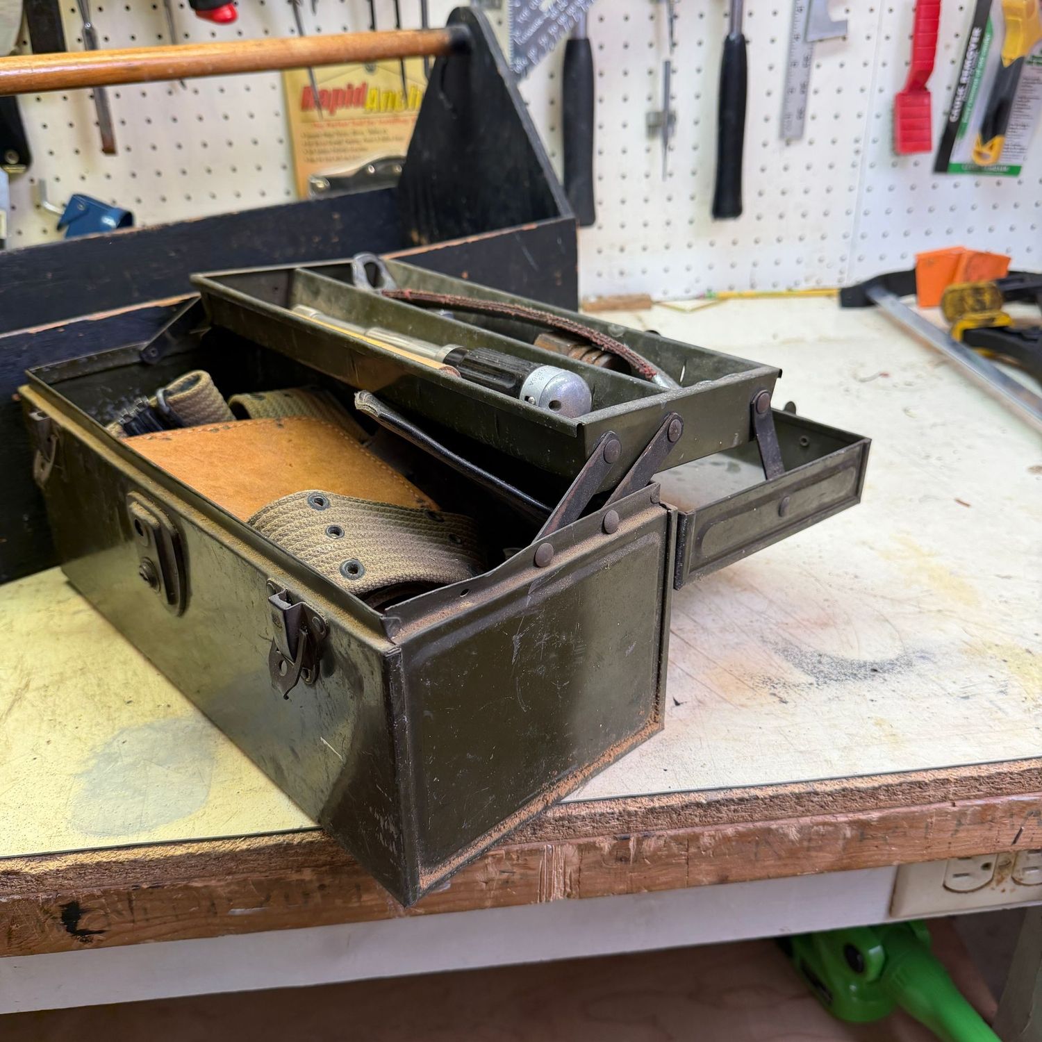Vintage green metal 14"L toolbox with contents