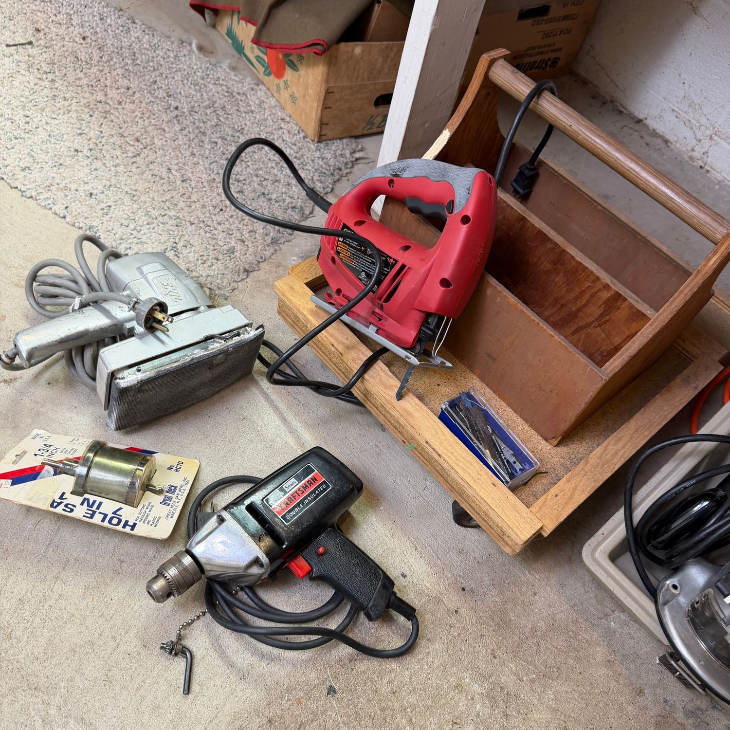 Small rolling tray and tool carrier with sander, drill and jig saw, all work on initial test Small rolling tray and tool carrier with sander, drill and jig saw, all work on initial test