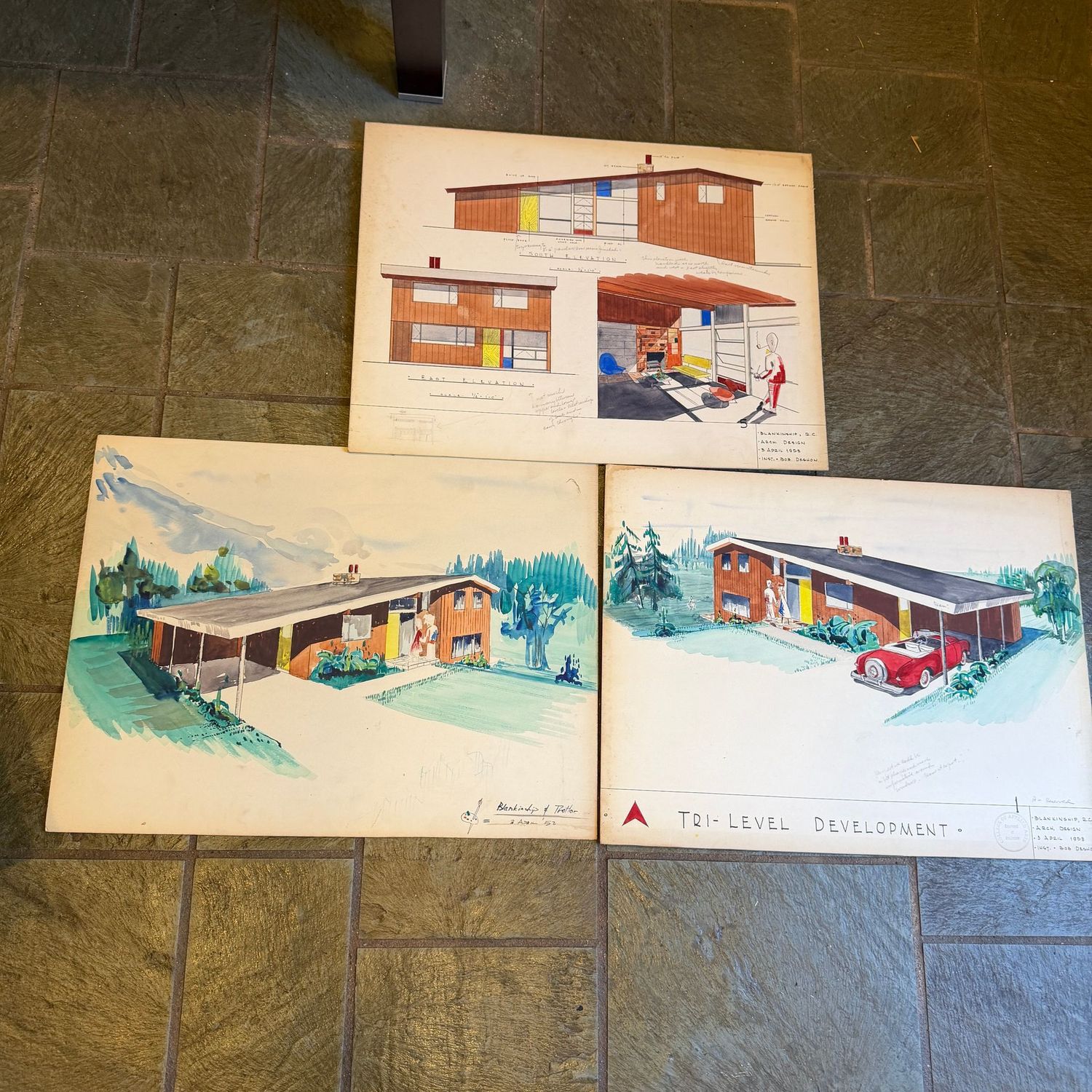 Large mid-century architectural drawings on thick paper board, with watercolor detail by local architect, 1950s, 21 Large mid-century architectural drawings on thick paper board, with watercolor detail by local architect, 1950s, 21" x 16"