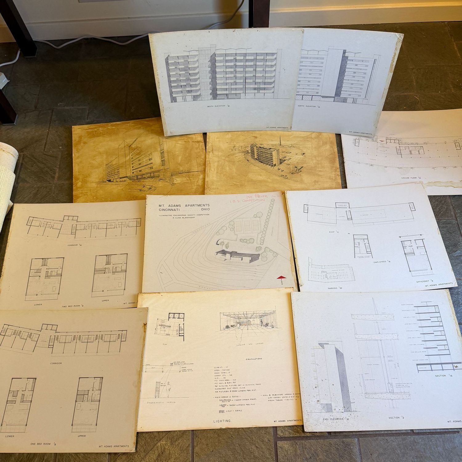 Set of vintage Mt. Adams Apartments display board drawings, 14 Set of vintage Mt. Adams Apartments display board drawings, 14" x 18"