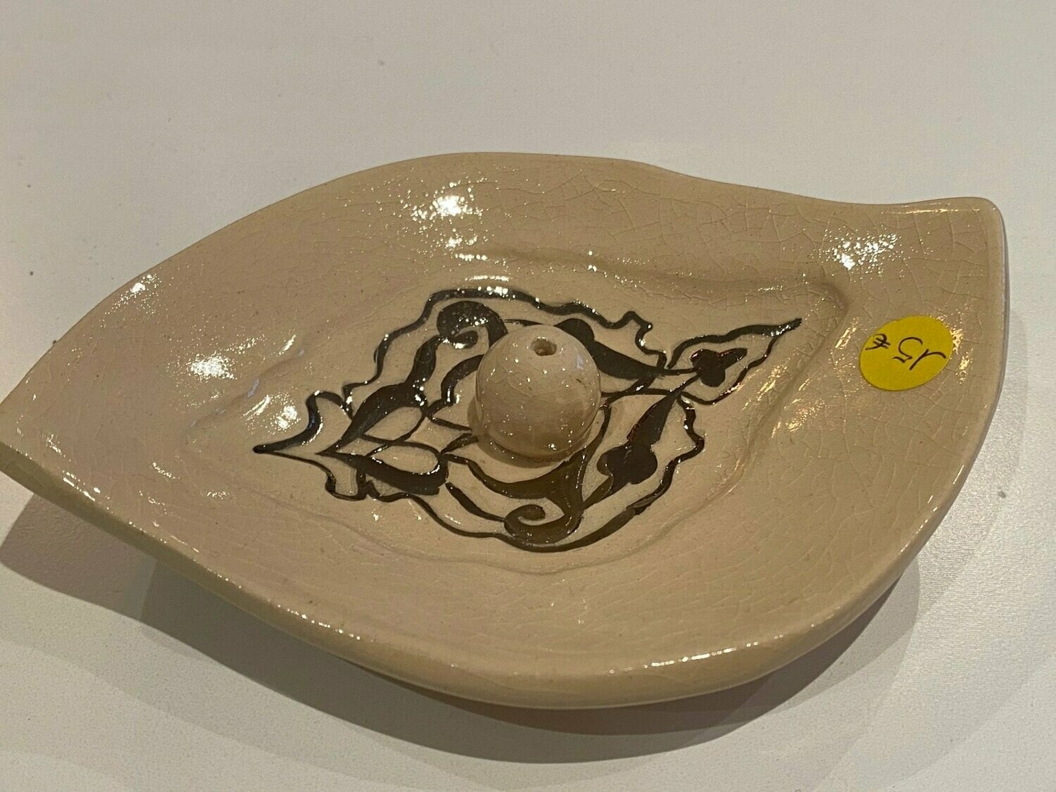Coupelle feuille à encens  grès blanc et platine