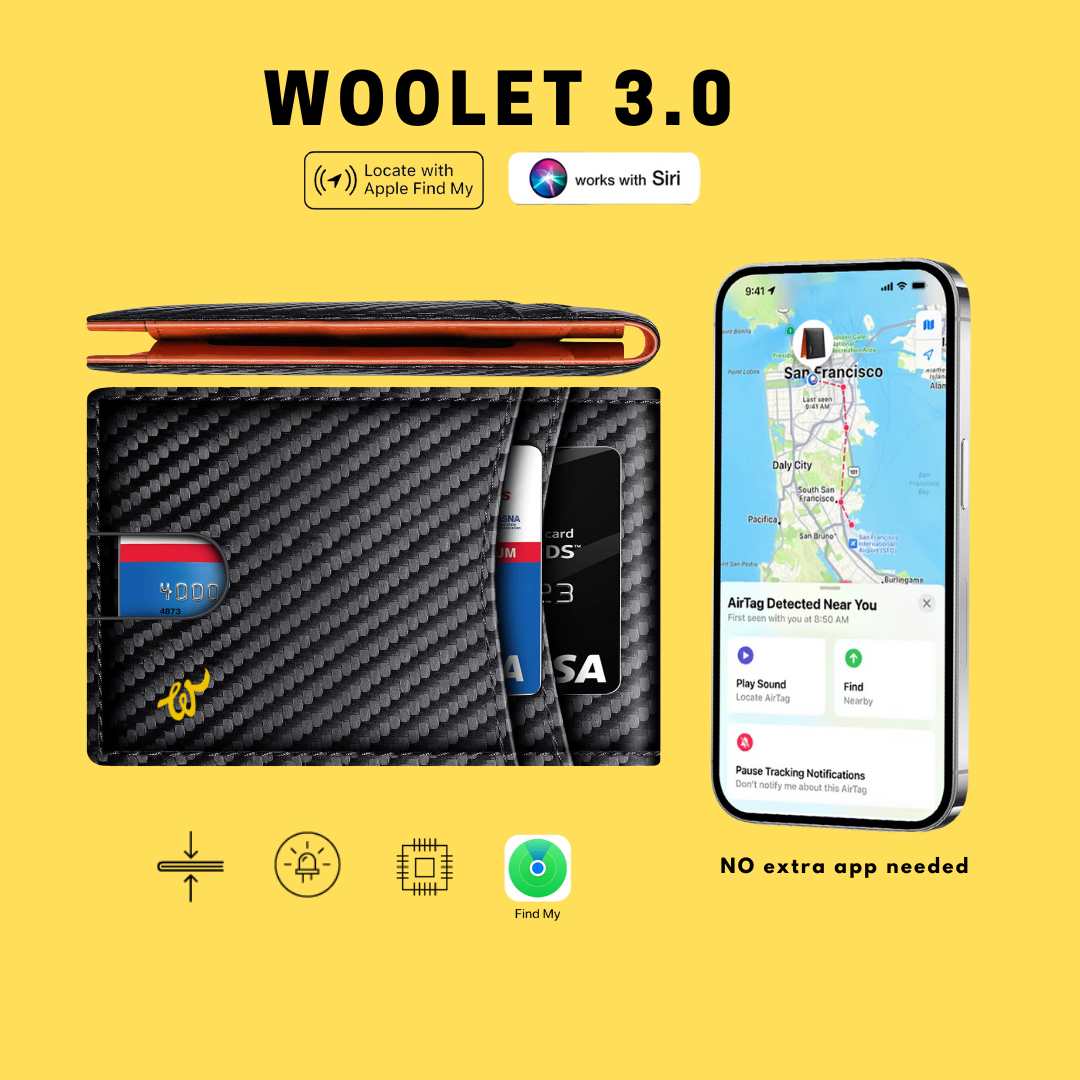 Smart Wallet Woolet 3.0 Vegan with support for Find My and Siri for iPhone users. Anti-theft Wallet.