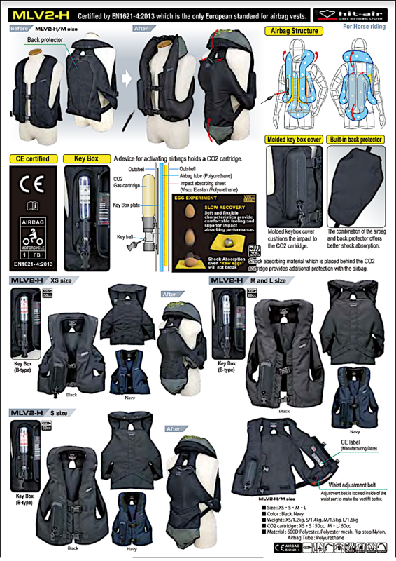 MLV2-H horse riding Harness Vest. CE Approved.  Closed Back + Back Protector. Single rear bottom airbag.