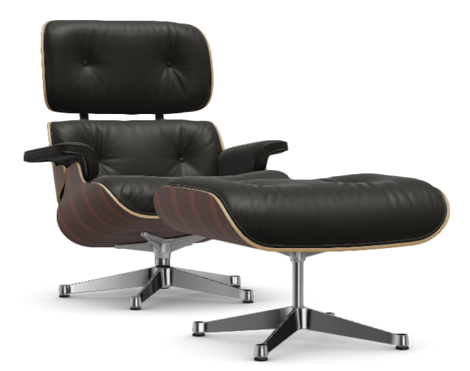 Vitra LOUNGE CHAIR & OTTOMAN Sessel, Santos Palisander, Leder Premium, Leder Premium F: Nero, Alumniumgestell: Poliert