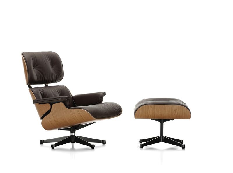 Vitra LOUNGE CHAIR & OTTOMAN Sessel, Amerikanischer Kirschbaum, Leder Premium  / Natural