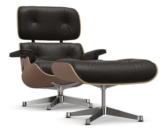 Vitra LOUNGE CHAIR & OTTOMAN Sessel, Amerikanischer Kirschbaum, Leder Premium  / Natural, Leder Premium F / Leder Natural F: Premium F nero, Alumniumgestell: Poliert