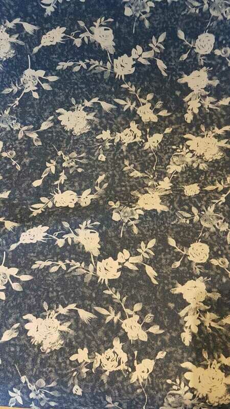 Denim dress fabric white on indigo floral print design with stretch