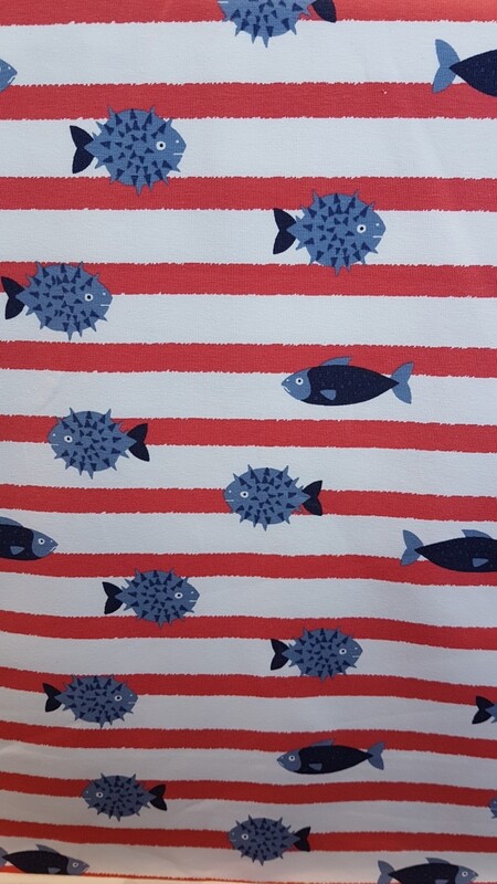 Cotton Jersey Beach Puffafish  Red and White stripes with Blue fish motif