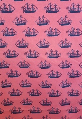 Cotton Jersey Nautical Tall Ships Print Blue ships on Red background