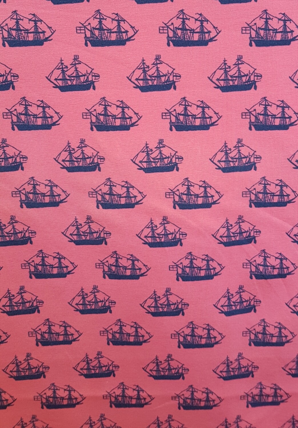 Cotton Jersey Nautical Tall Ships Print Blue ships on Red background