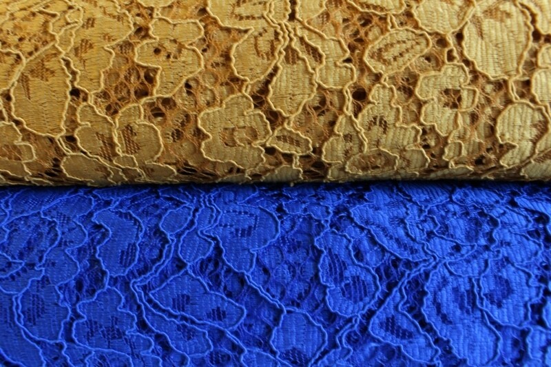 Guipure Lace dress  fabric. Royal Blue & Mustard Gold