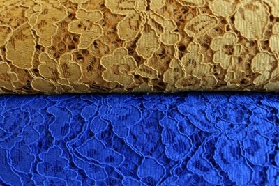 Guipure Lace dress fabric. Royal Blue & Mustard Gold