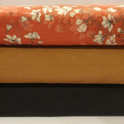 Polyester Peachskin stretch knit ( Scuba ) fabric. Coral Blossom, Tan, Black