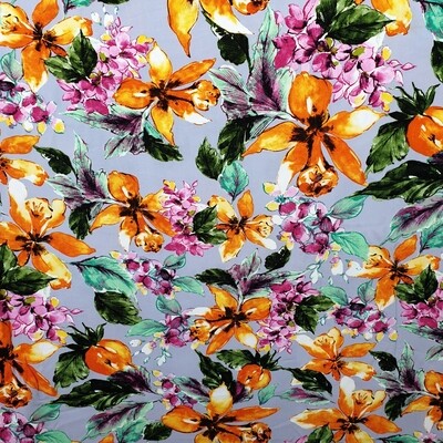Rayon Print Large orange pink flowers and leaves on lilac background dress fabric