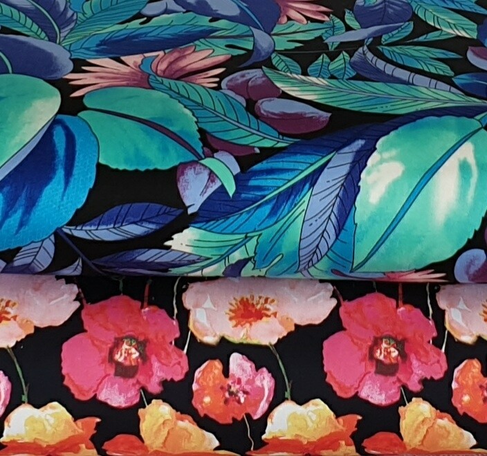 Cotton Sateen.  Jardin, a  Vibrant floral print in blues or pinks, a woven  dress fabric with a little stretch.