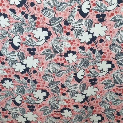 Viscose Lawn printed dress fabric Jackie Pink Vintage reproduction design from Fabric Godmother pink background with figurative flowers and leaves in black and dark red