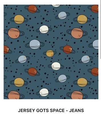 Organic cotton Jersey tshirt fabric. Saturn planets design Gots