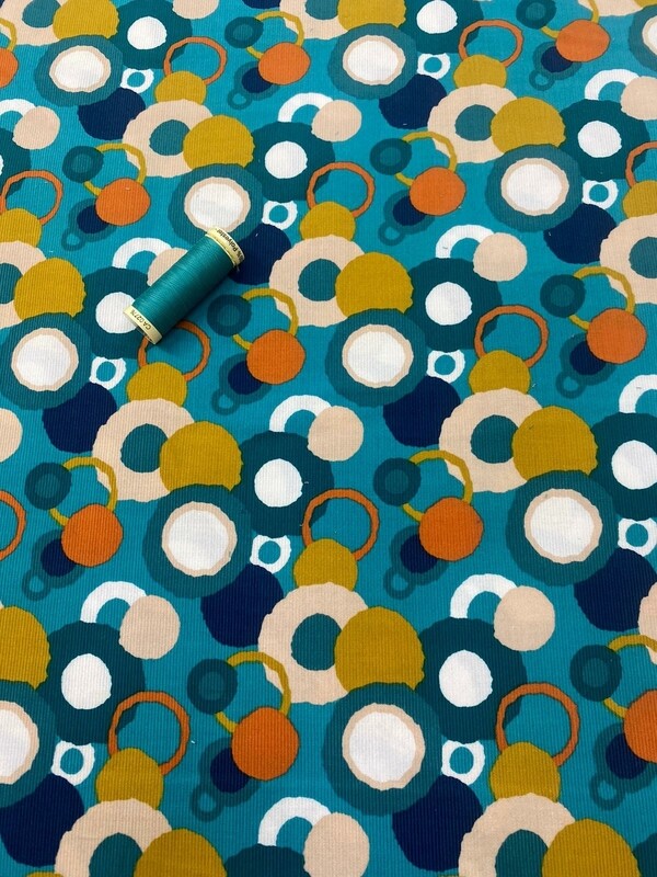 Corduroy print 100% cotton Feathercord  dress fabric Cyan blue with circles