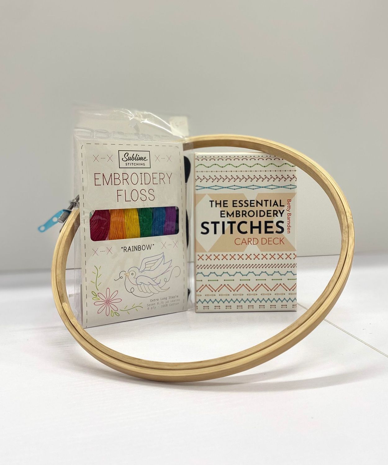 Embroidery kit with card deck, hoop, needles, and embroidery floss. Embroidery kit with card deck, hoop, needles, and embroidery floss.