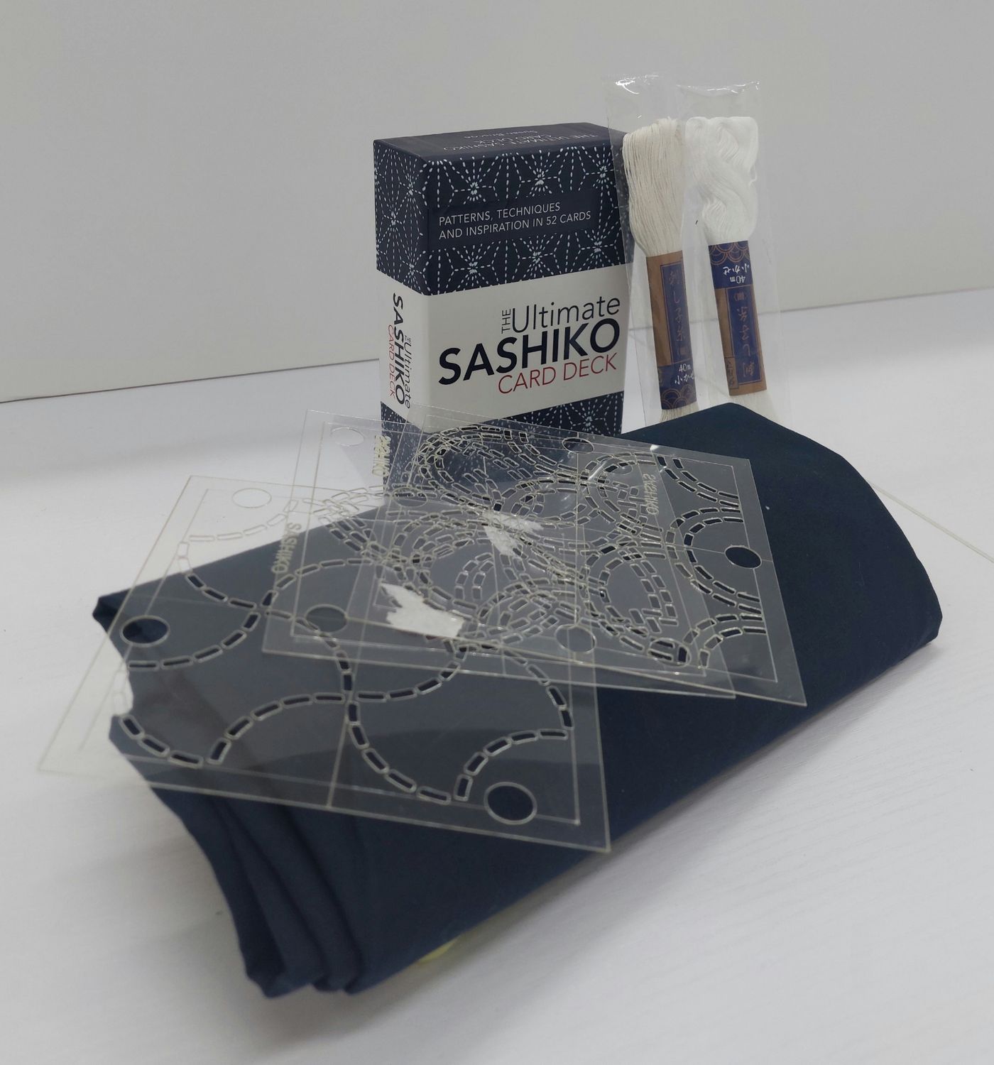 Sashiko embroidery kit with Card deck, templates, threads and cloth Sashiko embroidery kit with Card deck, templates, threads and cloth