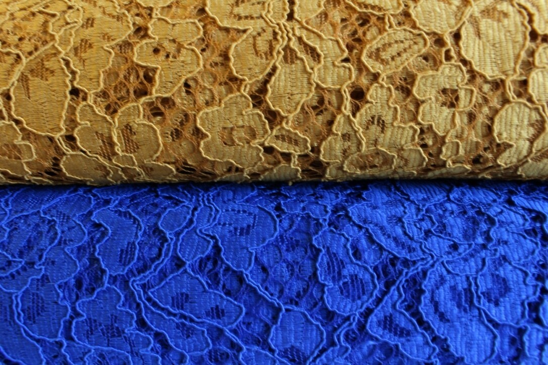 Corded Lace dress  fabric. Royal Blue & Mustard Gold