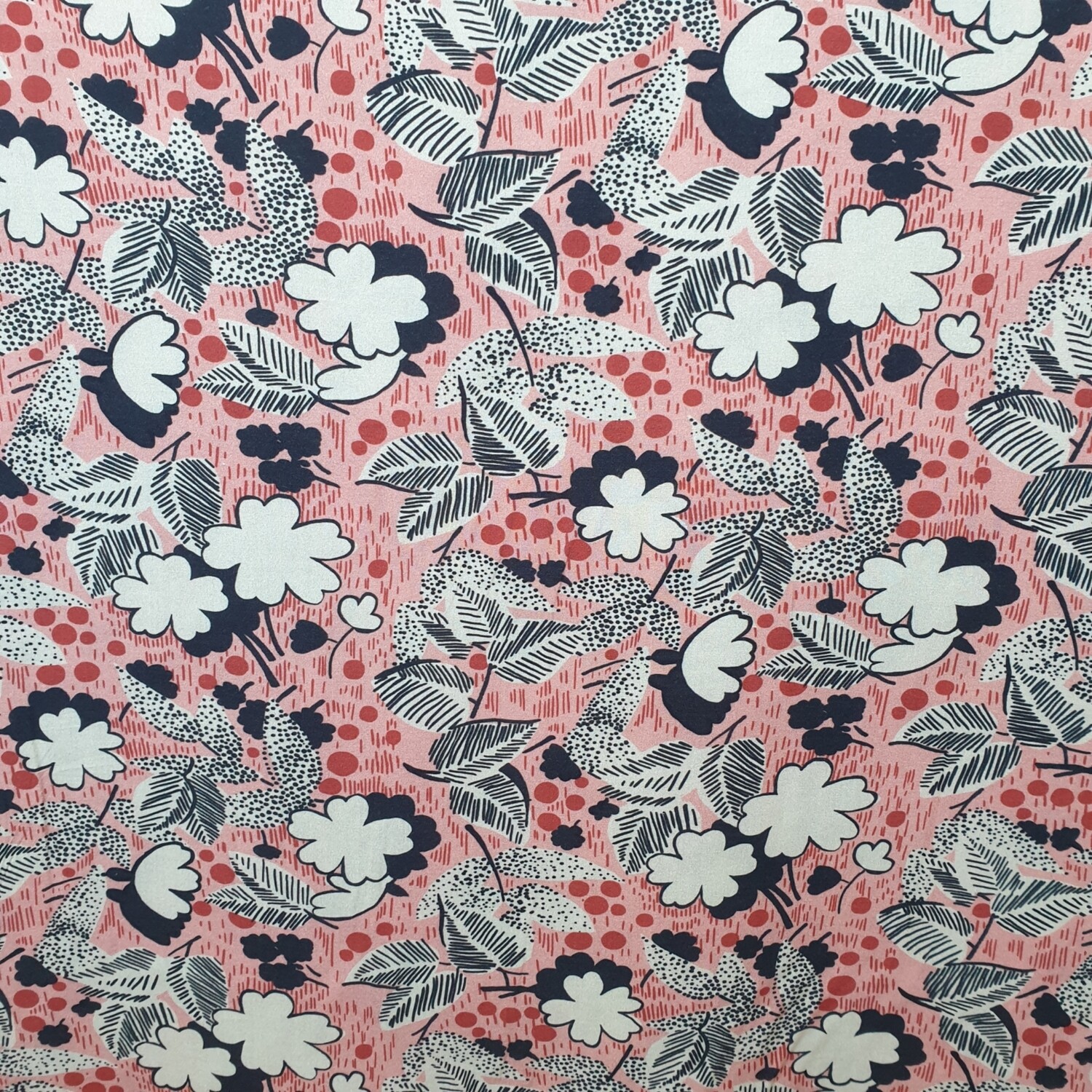 Viscose Lawn printed dress fabric Jackie Pink Vintage reproduction design from Fabric Godmother pink background with figurative flowers and leaves in black and dark red Viscose Lawn printed dress fabric Jackie Pink Vintage reproduction design from Fabric Godmother pink background with figurative flowers and leaves in black and dark red