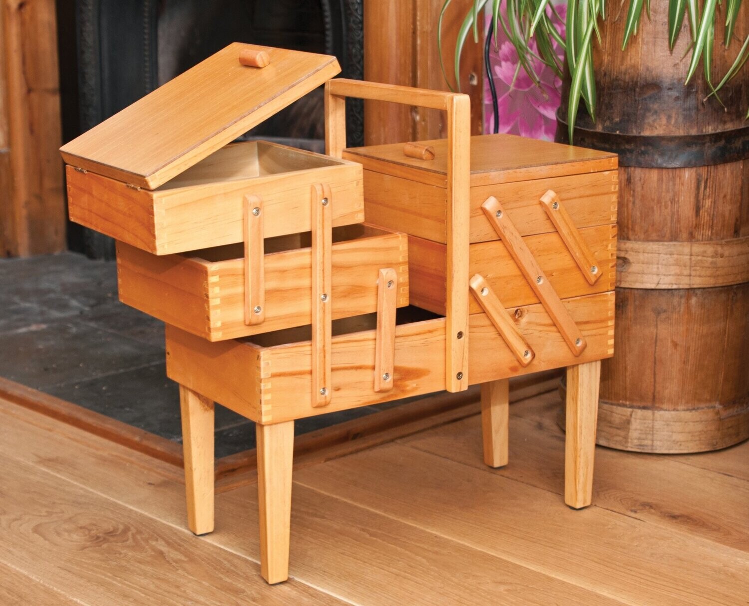 Wooden Cantilever 3 tier Sewing Box with Legs by HobbyGift Wooden Cantilever 3 tier Sewing Box with Legs by HobbyGift