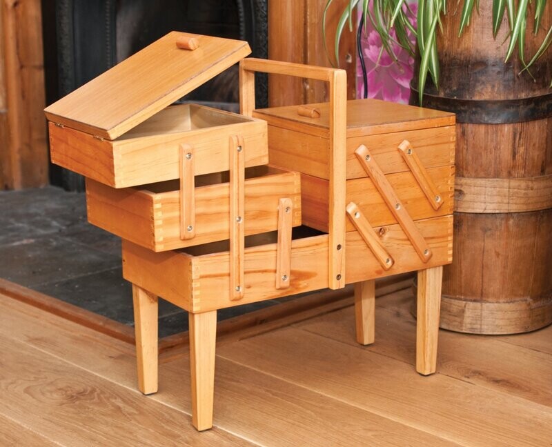 Wooden Cantilever 3 tier Sewing Box with Legs by HobbyGift Wooden Cantilever 3 tier Sewing Box with Legs by HobbyGift