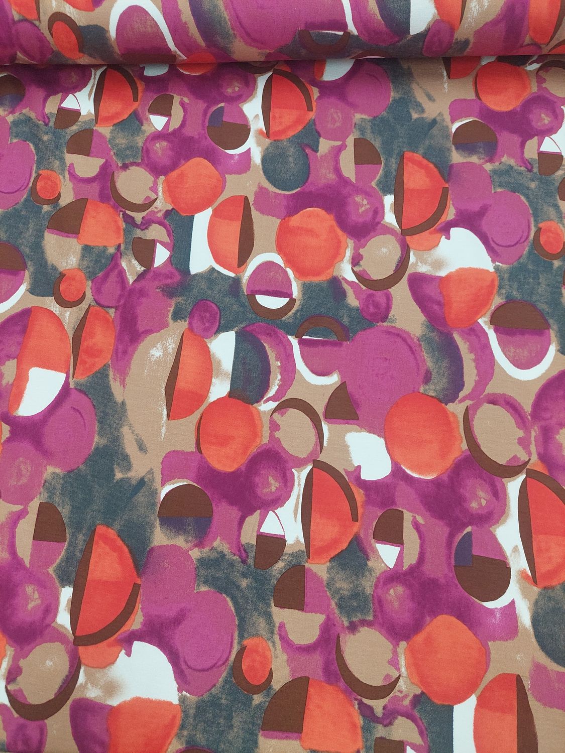 Viscose Jersey dress fabric pink orange blue beige circles abstract design Viscose Jersey dress fabric pink orange blue beige circles abstract design