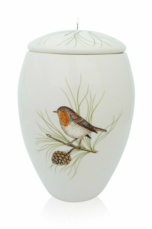 Urn "Roodborstje" (model deksel-urn PU-2) hand beschilderd
