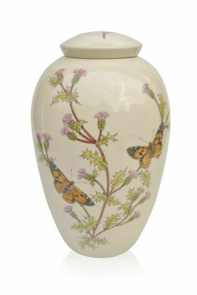 Urn "Vlinders op Akkerdistel" (voorbeeld op buitenurn, vorstbestendig)
