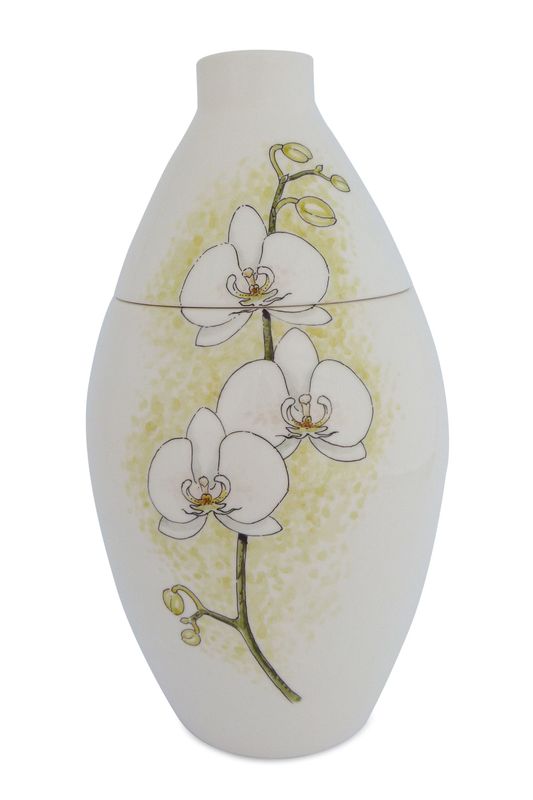 Urn "Orchidee wit" (model PU-1 of model PU-3, bloemkleur wit) hand beschilderd