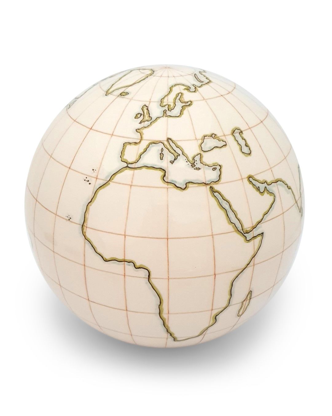 Bolvorm urn  22 cm "Wereldbol / Globe / Wereldreiziger"  -  Deze urn heeft de vulopening in de bodem. Leverbaar met vrijwel alle decoraties - model PU-5 (voor alle as, 3.5 liter)